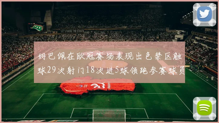 姆巴佩在欧冠赛场表现出色禁区触球29次射门18次进5球领跑参赛球员
